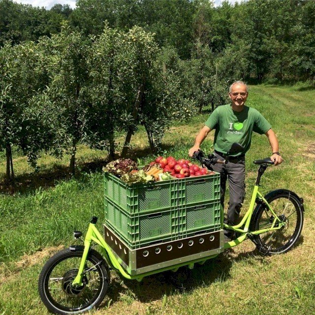 Farmer transports apple with his e cargo bike from Radkutsche
