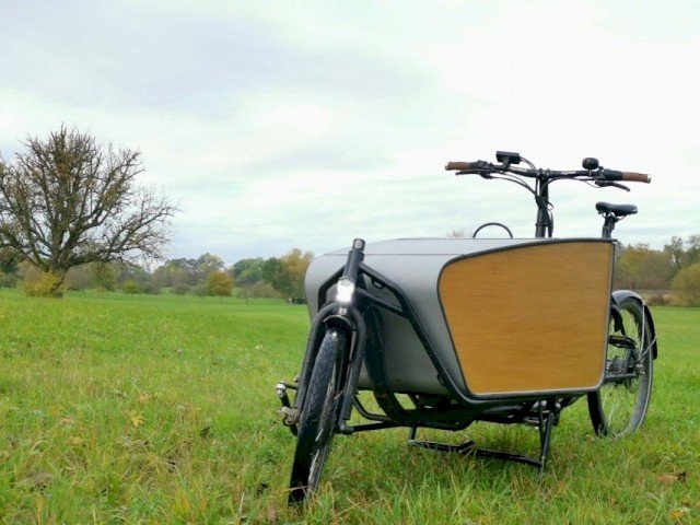 Custom build up box for e cargo bike from Radkutsche, showcased in a open field under blue skyes