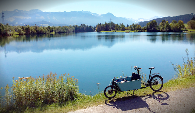 Rapid stands infront of a blue lake in the Alps